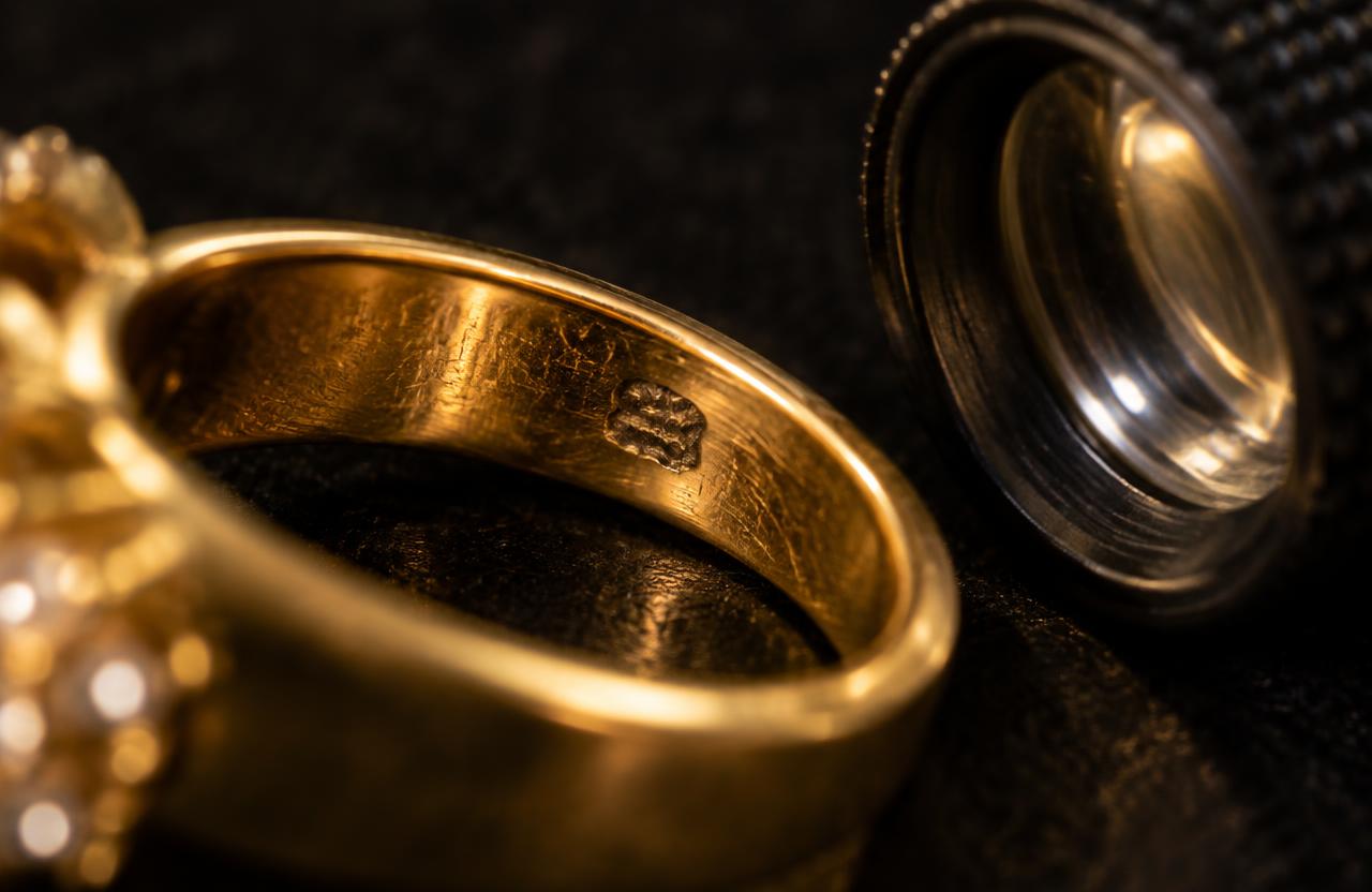Gullstempel på innsiden av en ring, med lupe ved siden av